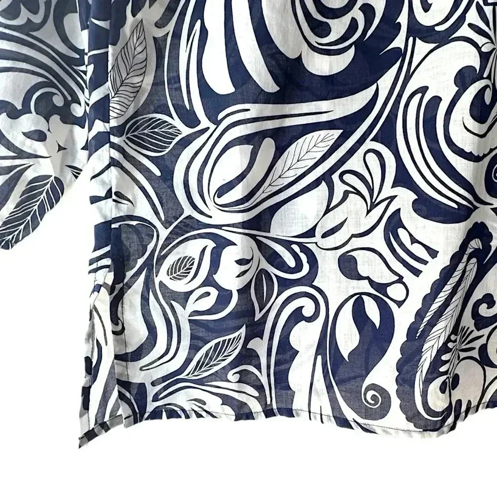 TALBOTS NWOT SPLIT NECK TUNIC PAISLEY 3/4 SLEEVE NAVY BLUE WHITE | SIZE: LARGE - Picture 5 of 8